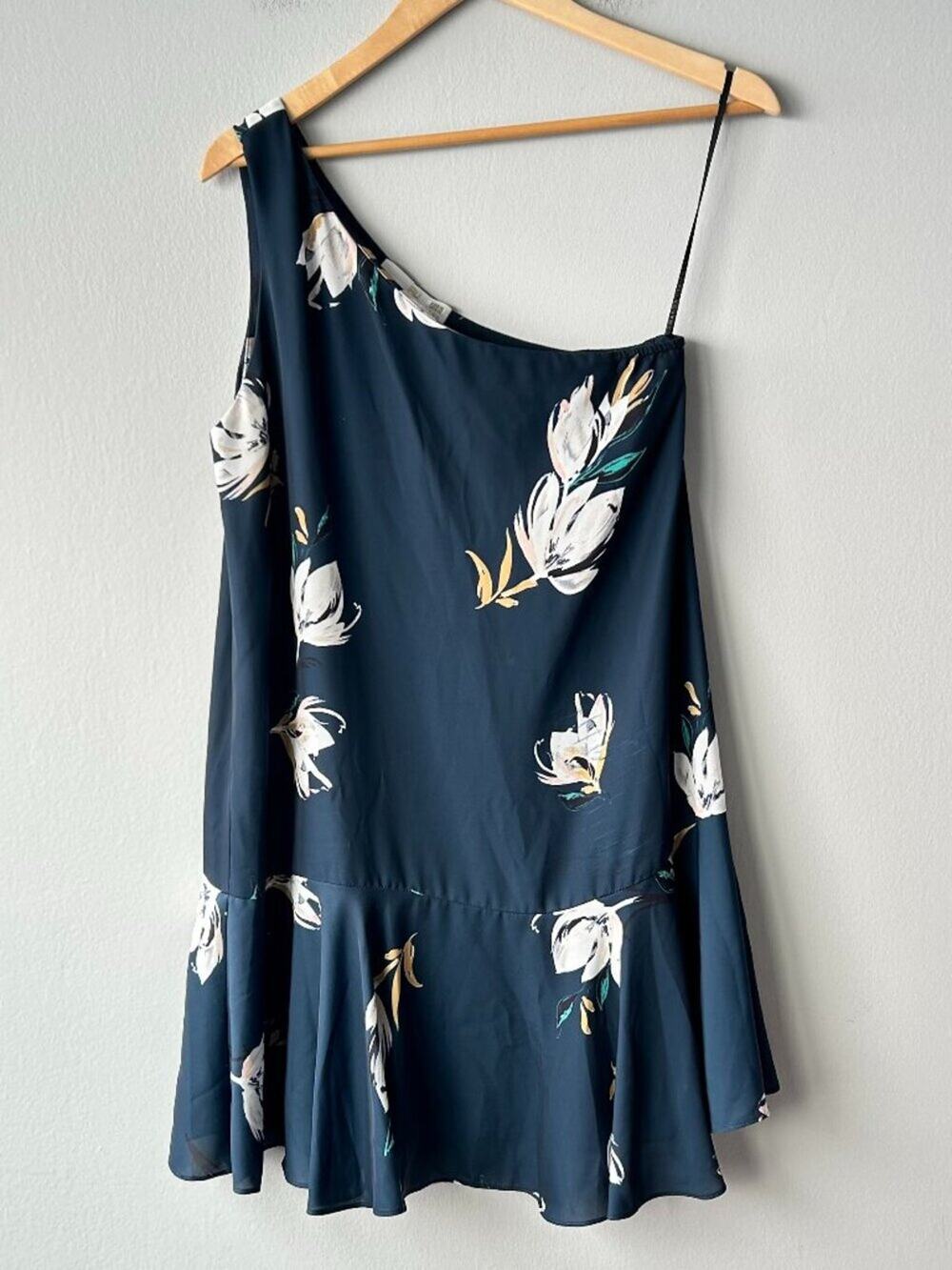Amanda Uprichard One Shoulder Floral Mini Dress Navy Blue Size M